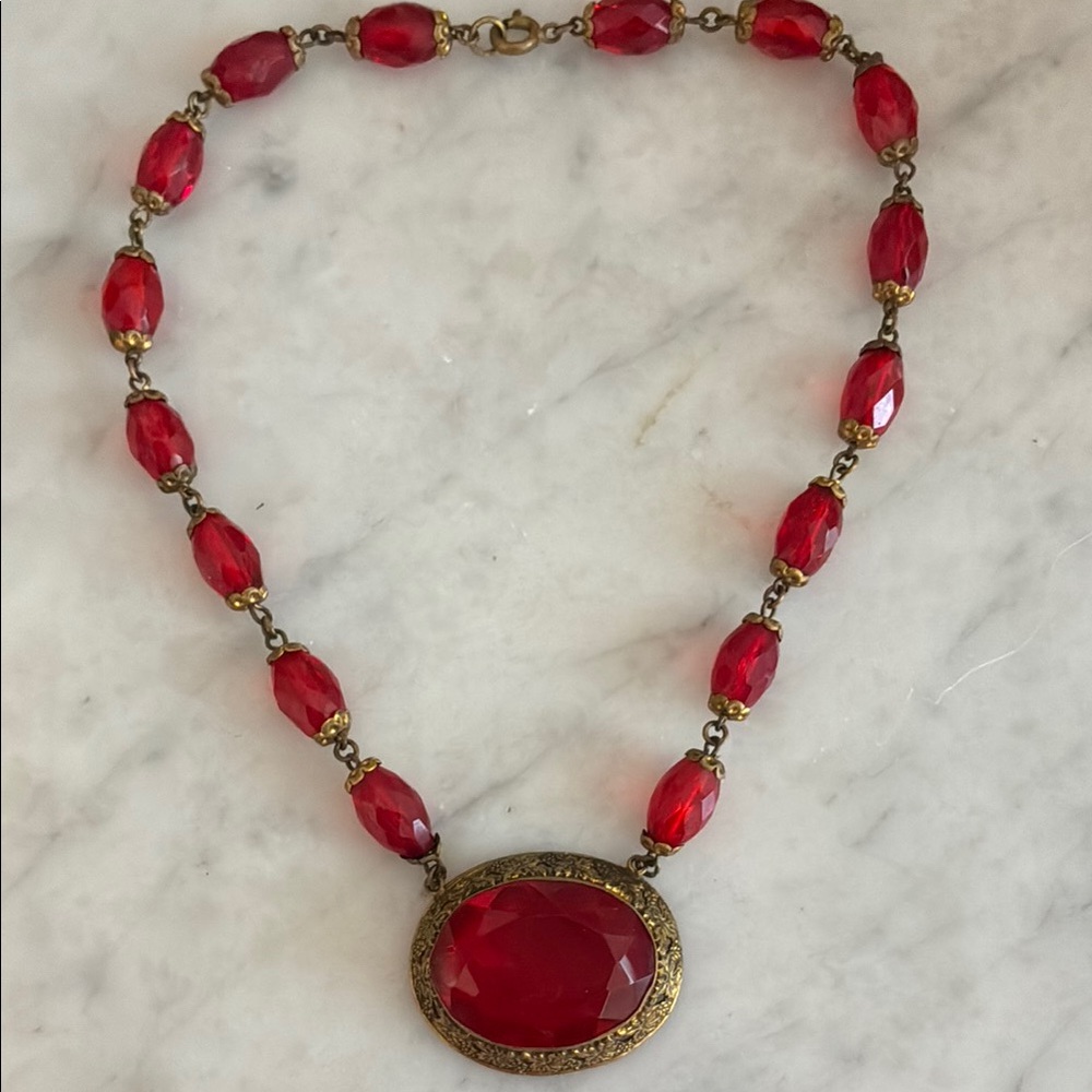 Vintage Czech Red Glass Bead Necklace.